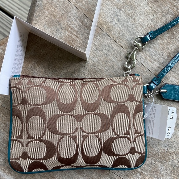NWT Coach F51775 Park Signature Small Wristlet Bag in Khaki/Lagoon - Picture 8 of 9